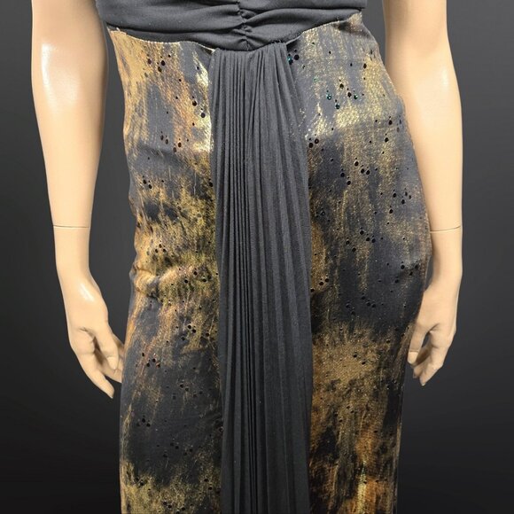 Y2K Art Deco Maxi Dress Womens Size M Gold Glitter Black Slinky Party Cocktail - Picture 3 of 13